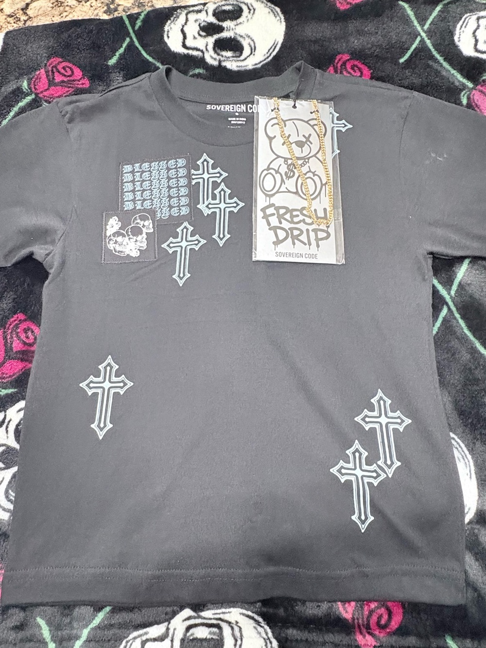 Sovereign Code Black Graphic Tee with White Cross and Pink/Green Accents